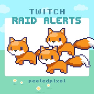 Puede incluir: Gráfico de arte pixelado con el texto "TWITCH RAID ALERTS" sobre cuatro zorros naranjas con vientres y puntas de cola blancas. El fondo es azul claro con nubes y flores.