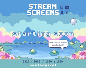 Schermset met kikkerpoel en beekje | Leuke geanimeerde pixelkikkerschermen | 4 schermen | Compatibel met twee formaten | Inclusief verticale modus