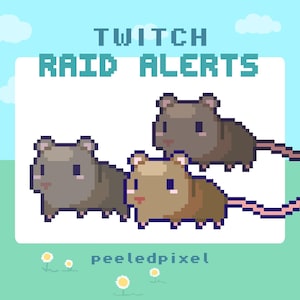 Könnte beinhalten: Pixelgrafik mit drei Cartoon-Ratten mit rosa Schwänzen. Das Bild enthält den Text "TWITCH RAID ALERTS" und den Benutzernamen "peeledpixel" auf einem Hintergrund aus blauem Himmel und grünem Gras mit Blumen.