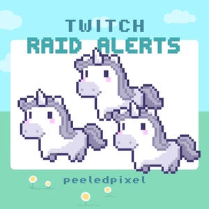 Avvisi Raid Twitch con unicorno pixel animato: risorse di sovrapposizione dello streaming (4 file .WEBM + guida PDF)
