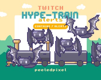 May include: Pixel art graphic with the text "TWITCH HYPE-TRAIN alerts" and "CONTAINS 7 ALERTS". The image features a train with bat-like creatures. The background is yellow and green.