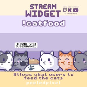 Puede incluir: Un widget de transmisión en pixel art que muestra cinco gatos de varios colores, incluyendo blanco, gris, naranja y manchado de blanco y negro. El gráfico incluye el texto STREAM WIDGET, !catfood, THANK YOU [USERNAME] y Allows chat users to feed the cats.