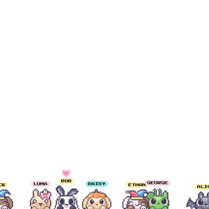 May include: A digital illustration featuring a row of ten small pixel art characters labeled Fiona, Jack, Luna, Bob, Daisy, Ethan, George, Alice, Oliver, and Charlie. Each character has a unique design, including animals and jester-themed figures.