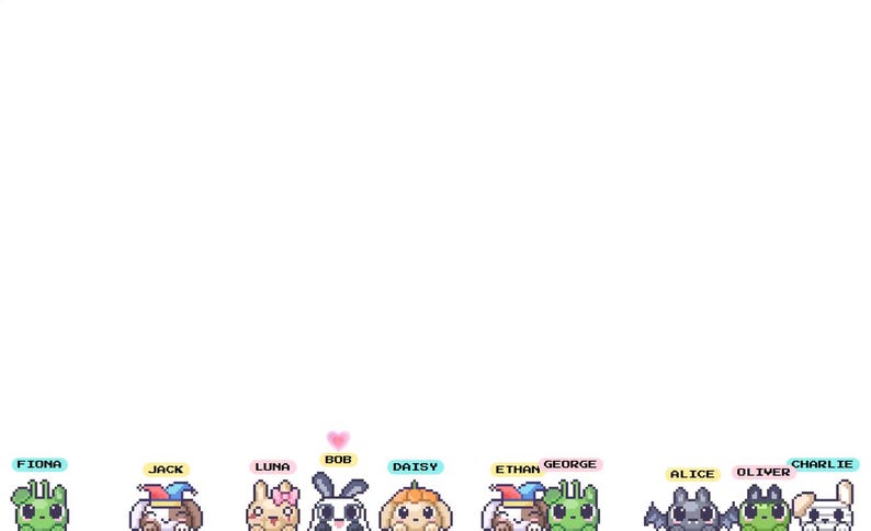 May include: A digital illustration featuring a row of ten small pixel art characters labeled Fiona, Jack, Luna, Bob, Daisy, Ethan, George, Alice, Oliver, and Charlie. Each character has a unique design, including animals and jester-themed figures.