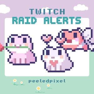 May include: Pixel art graphic with the text "TWITCH RAID ALERTS" above three cute characters. A pink frog holds a rose, a white bunny has a heart, and a pink fox has wings. The background is a pastel scene with clouds and flowers.