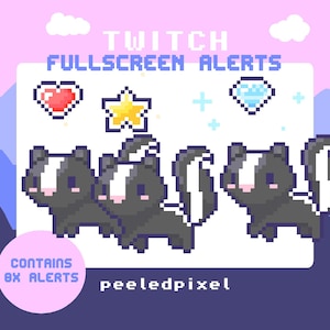 Puede incluir: Diseño de arte pixelado con tres zorrillos en blanco y negro con detalles en rosa. La imagen incluye iconos de corazón, estrella y diamante, junto con el texto "Twitch Fullscreen Alerts" y "Contains 8x Alerts". El fondo es morado claro.