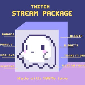 Op de afbeelding: Een digitale kunstafbeelding voor een Twitch-stroompakket. Het ontwerp toont een gepixelde spookkarakter in een lichtpaarse kubus, met tekstlabels voor badges, panelen, overlays, schermen, waarschuwingen, widgets, overgangen en webcamframes. De tekst "Made with 100% love" is ook opgenomen.