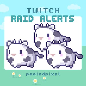 Może przedstawiać: Grafika pikselowa z tekstem "TWITCH RAID ALERTS" i trzema krowami z kreskówek. Krowy są białe z szarymi plamami, na zielonej łące z stokrotkami i błękitnym niebem.