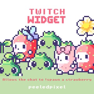 Könnte beinhalten: Pixelkunst-Grafik mit dem Text "Twitch Widget" und mehreren niedlichen Erdbeer- und Froschfiguren. Der Text "Allows the chat to !spawn a strawberry" ist ebenfalls enthalten. Der Name des Künstlers, "peeledpixel", steht unten.