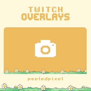 May include: A digital graphic with the text "TWITCH OVERLAYS" in pixelated yellow letters. A white pixelated camera icon is centered on a yellow rectangle. The bottom features a pixelated green grass border with white flowers. The text "peeledpixel" is below the rectangle.