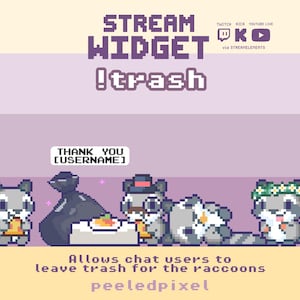 Può includere: Un widget di streaming in pixel art con il testo STREAM WIDGET !trash e cinque procioni. Un procione tiene una pizza, un altro è vicino a un sacco della spazzatura, uno indossa un cilindro, uno è sdraiato e uno indossa una corona di fiori. Il testo include THANK YOU [USERNAME] e Allows chat users to leave trash for the raccoons.