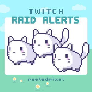 May include: Pixelated graphic with the text "TWITCH RAID ALERTS" above three white cat characters. The cats have pink cheeks and are on a white background with a light blue sky and green grass.