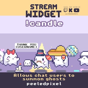 May include: A pixel art stream widget graphic featuring the text STREAM WIDGET !candle. The design displays several white ghost characters, one wearing a top hat and mustache, another in a sombrero, and one with sunglasses, alongside a candle.