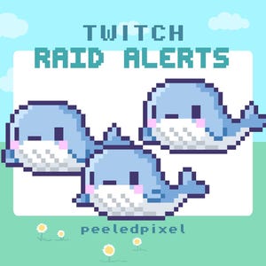 Peut inclure: Graphique en pixel art avec trois baleines bleues sur un fond vert et bleu. Les baleines ont le ventre blanc et des joues roses. Le texte indique "TWITCH RAID ALERTS" et "peeledpixel". Des marguerites et des nuages sont également présents.