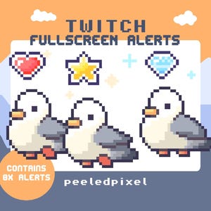 May include: A digital graphic set titled TWITCH FULLSCREEN ALERTS featuring pixel art of three white and gray birds, a red heart, a yellow star, and a blue diamond. The image includes the text CONTAINS 8X ALERTS and the brand name peeledpixel.