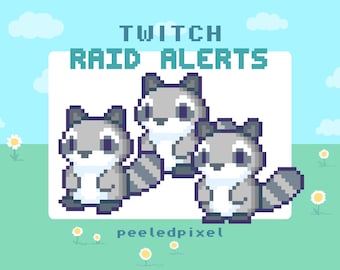 Twitch Raid-waarschuwingspakket wasbeer | Leuke geanimeerde pixelwasbeerbundel | Overlay-items Animal Raid streamen | 3x waarschuwingen