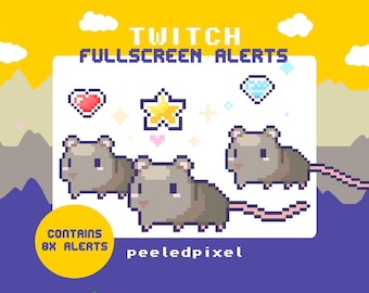 May include: Pixelated graphic for Twitch fullscreen alerts, featuring three grey mice, a heart, a star, and a diamond. The image has a yellow and blue background with the text "Twitch Fullscreen Alerts" and "Contains 8x Alerts".