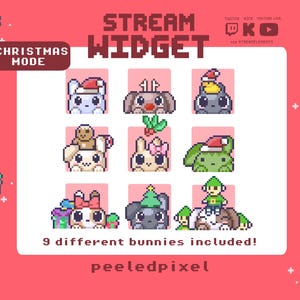 May include: A digital stream widget graphic featuring nine pixel art bunnies with Christmas themes, including Santa hats, reindeer antlers, and elf outfits. The text reads STREAM WIDGET, !CHRISTMAS MODE, 9 different bunnies included!, and peeledpixel.