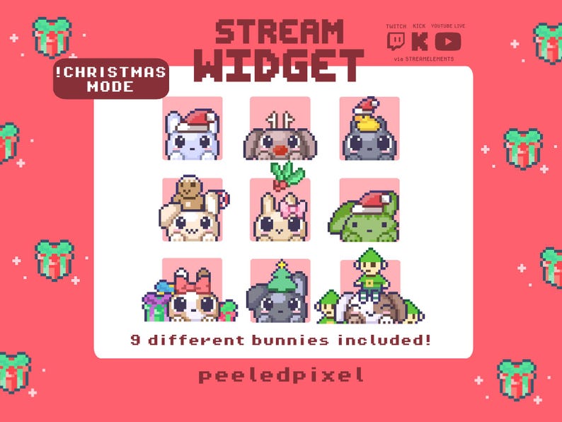 May include: A digital stream widget graphic featuring nine pixel art bunnies with Christmas themes, including Santa hats, reindeer antlers, and elf outfits. The text reads STREAM WIDGET, !CHRISTMAS MODE, 9 different bunnies included!, and peeledpixel.
