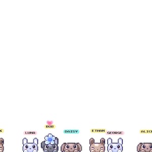 May include: A digital illustration featuring a row of ten pixel-art style animal characters. Each character is labeled with a name: Fiona, Jack, Luna, Bob, Daisy, Ethan, George, Alice, Oliver, and Charlie. Bob has a blue flower and pink heart.