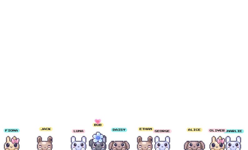 May include: A digital illustration featuring a row of ten pixel-art style animal characters. Each character is labeled with a name: Fiona, Jack, Luna, Bob, Daisy, Ethan, George, Alice, Oliver, and Charlie. Bob has a blue flower and pink heart.
