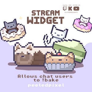 Puede incluir: Un gráfico de widget de transmisión en pixel art con gatos sobre donas, un pastel y una tarta. El texto dice: STREAM WIDGET, Twitch, Kick, YouTube Live, via Streamelements, Allows chat users to !bake, y peeledpixel. La paleta de colores incluye marrón, blanco, rosa y verde.