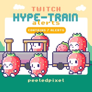May include: A pixelated illustration featuring a train with strawberry characters. The text reads "Twitch Hype-Train Alerts" and "Contains 7 Alerts." The image has a playful, cartoonish style with a pastel color palette.