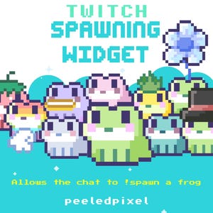 May include: A pixelated graphic with the text "TWITCH SPAWNING WIDGET" above a collection of colorful frog characters. The text "Allows the chat to !spawn a frog" and the word "peeledpixel" are also included.