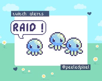 Octopus Twitch Raid Alert Pack | Cute Animated Pixel Octopus Bundle | Stream Animal Raid Overlay Assets | 4x Alerts