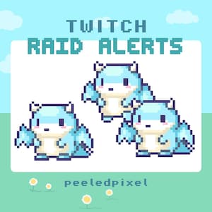 Op de afbeelding: Pixel art afbeelding met de tekst "TWITCH RAID ALERTS" en drie blauwe draakachtige wezens. De achtergrond is lichtblauw met wolken en bloemen. De tekst "peeledpixel" staat onderaan.