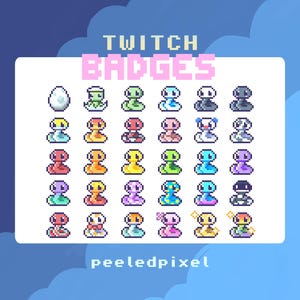 Puede incluir: Un conjunto de insignias de Twitch en pixel art con varios diseños de serpientes coloridas. La palabra "TWITCH BADGES" se muestra en rosa encima de las insignias, con el nombre del artista, "peeledpixel", en la parte inferior.
