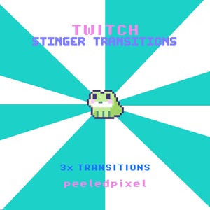 Peut inclure: Graphique numérique pour streamers Twitch. L'image présente une grenouille verte pixélisée avec un fard à joues rose, sur un fond radial turquoise et blanc. Le texte comprend "Twitch Stinger Transitions", "3x Transitions" et "peeledpixel".