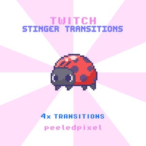 Può includere: Grafica pixel art con una coccinella rossa a pois neri. Il testo recita "Twitch Stinger Transitions" e "4x Transitions" con il nome del venditore "peeledpixel" su uno sfondo rosa con raggi bianchi.