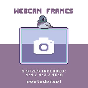 May include: A pixel art webcam frame featuring a small gray and purple pigeon perched on top. The frame has a white camera icon in the center. Text reads WEBCAM FRAMES, 3 SIZES INCLUDED: 1:1 / 4:3 / 16:9, and the brand name peeledpixel at the bottom.