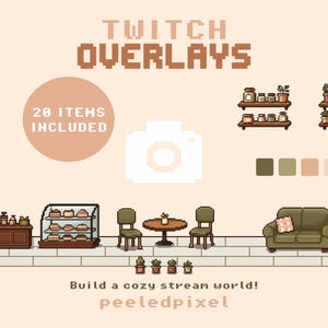 以下が含まれることがあります： カフェをテーマにしたピクセルアートのTwitchオーバーレイ。メニュー、コーヒーメーカー、ショーケース、テーブル、椅子、ソファ、棚、植物、カラーサンプルが含まれています。「Twitch Overlays」と「20 Items Included」と書かれています。