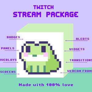 Può includere: Grafica di arte digitale per un pacchetto di streaming Twitch. Il design presenta una rana verde pixelata all'interno di un cubo bianco, con etichette di testo per badge, pannelli, overlay, schermate, avvisi, widget, transizioni e cornici webcam. È incluso anche il testo "Made with 100% love".