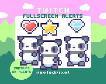 Pack d'alertes plein écran Panda | Lot animé de pixels panda | Stream Animal Overlay Assets | 8x alertes