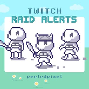 May include: Pixelated graphic with the text "TWITCH RAID ALERTS" and "peeledpixel". The image features three pixel art skeleton figures, one with a helmet and sword. The background is a light blue sky and green grass.