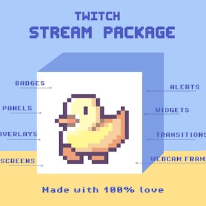 May include: A digital art graphic for a Twitch stream package. The design features a pixelated yellow duck, with text labels for badges, panels, overlays, screens, alerts, widgets, transitions, and webcam frames. The text "Made with 100% love" is also included.