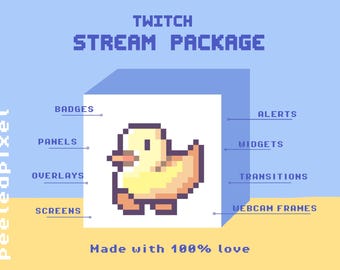 Volledig Twitch-streamingpakket met duck-thema; Bevat badges, panelen, schermen, waarschuwingen, overgangen, webcamframes, overlays en interactieve widgets