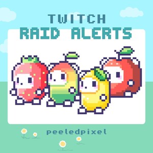 Puede incluir: Gráfico de pixel art con el texto "TWITCH RAID ALERTS" encima de cuatro personajes de frutas: una fresa, un mango, un limón y una manzana. El fondo es azul claro con nubes y flores.
