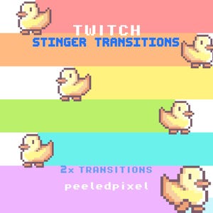 May include: A digital graphic featuring pixelated yellow ducks on a colorful striped background. The text "TWITCH STINGER TRANSITIONS" and "2x TRANSITIONS" are displayed in blue, with "peeledpixel" in purple. The image has a retro video game aesthetic.