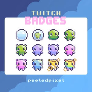 Könnte beinhalten: Eine Sammlung von Twitch-Badges im Pixel-Art-Stil in verschiedenen Farben wie Grün, Lila, Rosa und Blau. Die Badges zeigen niedliche, cartoonartige Charaktere und den Text "TWITCH BADGES" in Rosa. Der Künstlername "peeledpixel" ist ebenfalls enthalten.