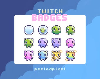 Puede incluir: Un conjunto de insignias de Twitch en pixel art, con colores variados como verde, morado, rosa y azul. Las insignias presentan personajes de dibujos animados y el texto "TWITCH BADGES" en rosa. El nombre del artista, "peeledpixel", también está incluido.