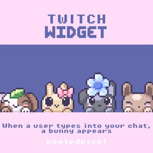 Könnte beinhalten: Pixel-Art-Grafik mit dem Text „Twitch Widget“ und dem Satz „Wenn ein Benutzer in Ihren Chat tippt, erscheint ein Hase“. Vier pixelige Hasen mit einzigartigen Merkmalen auf hellviolettem Hintergrund.