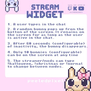 May include: A light pink digital graphic featuring pixel art of a bunny and the text STREAM WIDGET. It lists five instructions for a chat interaction tool, including bunny appearance, inactivity timers, and command modes for Twitch, Kick, and YouTube.