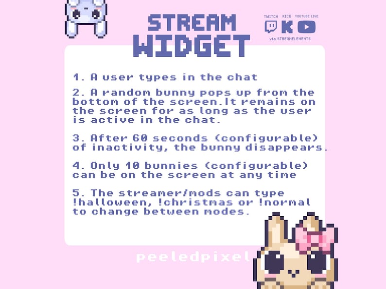 May include: A light pink digital graphic featuring pixel art of a bunny and the text STREAM WIDGET. It lists five instructions for a chat interaction tool, including bunny appearance, inactivity timers, and command modes for Twitch, Kick, and YouTube.