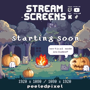 Halloween-läger Stream Screen Pack | Söta animerade pixelskärmar | 4x skärmar | Kompatibel med dubbla format | Vertikalt läge ingår