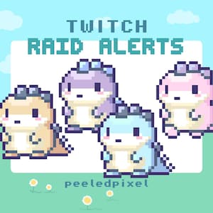 May include: A pixel art graphic featuring the text "TWITCH RAID ALERTS" above four colourful dinosaur-like creatures. The creatures are in shades of tan, purple, blue, and pink, set against a light blue sky and green grass.