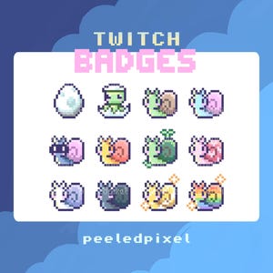 Insignias de caracol para Twitch, YouTube y Discord. Insignias de bit, insignias de suscripción de Twitch, insignias de transmisión, roles de Discord y insignias de YouTube.